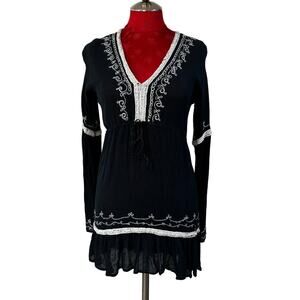 Water Water Everywear black tunic top dress white embroidery Size S ruffled Boho